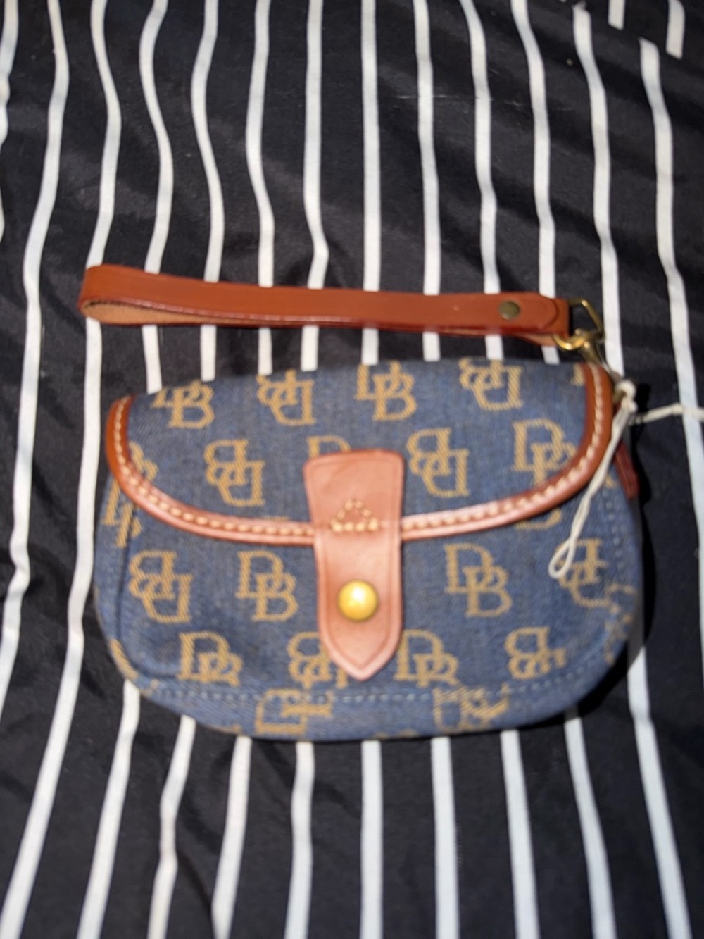 Vintage Dooney & Bourke Navy and Tan Logo Wristlet